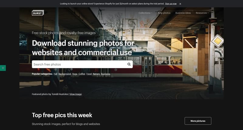 Capture d'écran de Burst, la banque d'images proposée par Shopify, spécialisée dans le e-commerce et les photos commerciales.