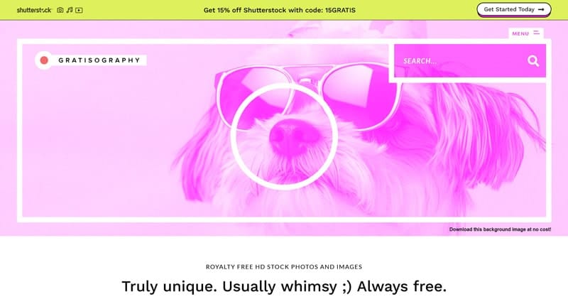Capture d’écran de la page d’accueil de Gratisography, une banque d’images proposant des photos créatives et décalées.