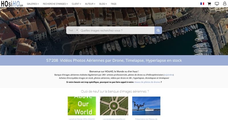 Capture d’écran de la page d’accueil de HOsiHO, une banque d’images spécialisée dans la photographie et la vidéo aérienne.