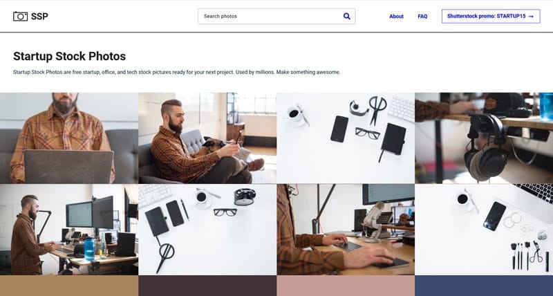 Capture d'écran de Startup Stock Photos, une banque d'images gratuites pour les startups et le monde du travail.