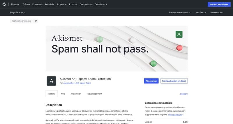 Capture d'écran de la page du plugin Akismet Anti-Spam sur WordPress.org.