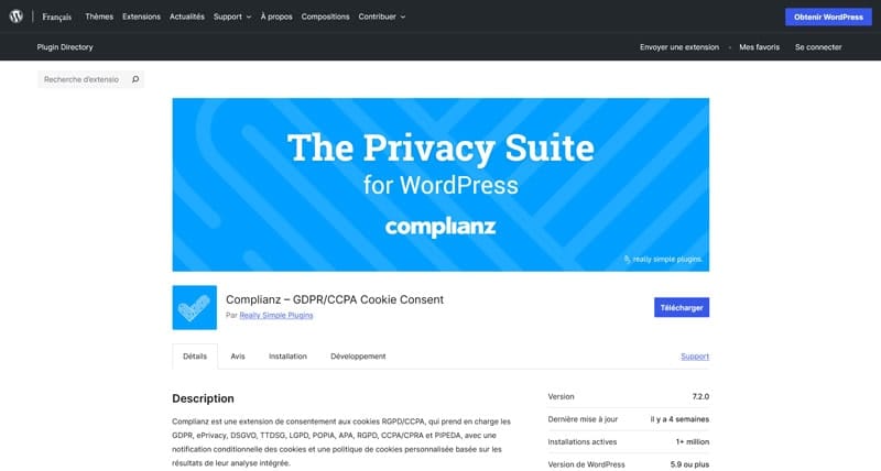 Capture d'écran de la page officielle du plugin Complianz, solution de gestion du consentement aux cookies pour WordPress.