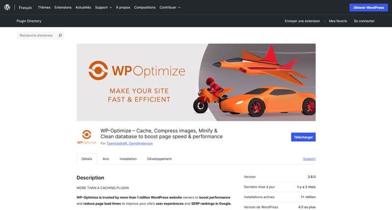 Capture d'écran de la page officielle du plugin WP-Optimize, outil d'optimisation de performance pour WordPress.