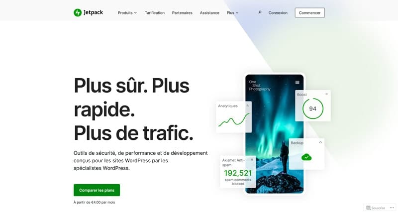 Capture d'écran de la page officielle du plugin Jetpack, qui améliore la sécurité, la performance et le trafic des sites WordPress.