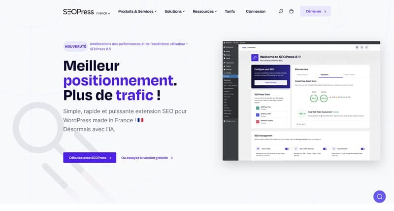 Capture d'écran de la page officielle du plugin SEOPress, une extension SEO complète pour WordPress.