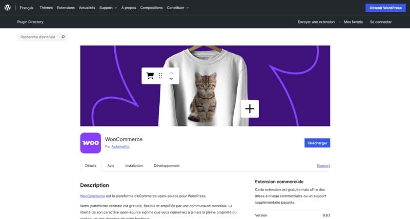 Capture d'écran de la page officielle du plugin WooCommerce, la solution e-commerce pour WordPress.