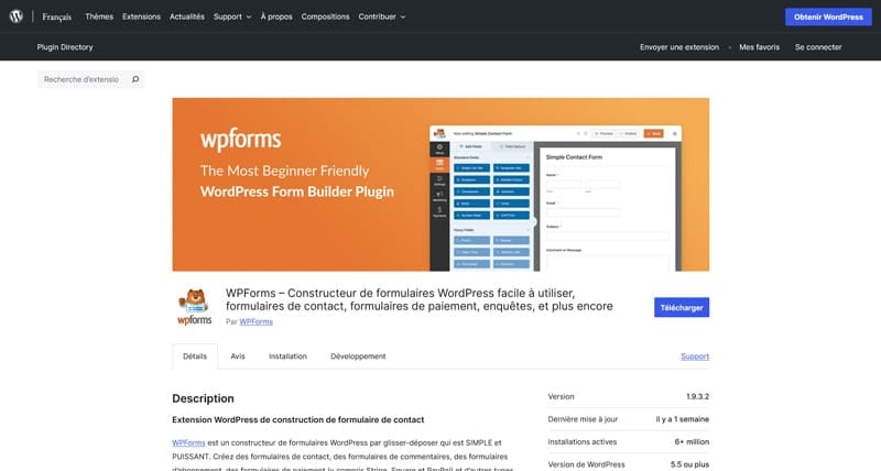 Capture d'écran de la page officielle du plugin WPForms, un constructeur de formulaires pour WordPress.