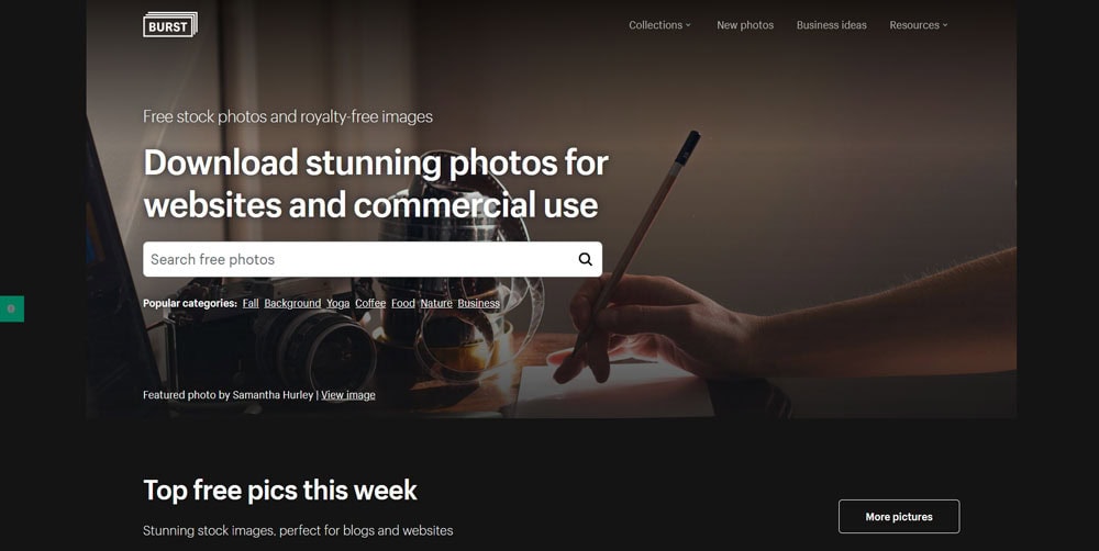 Capture d’écran de l’interface de Burst, une banque d’images gratuites orientée vers les besoins des entrepreneurs et des créateurs.