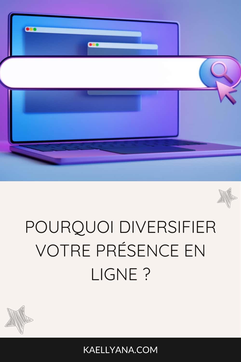 Une image avec un ordinateur moderne et une barre de recherche lumineuse, illustrant le concept de diversification de présence en ligne.