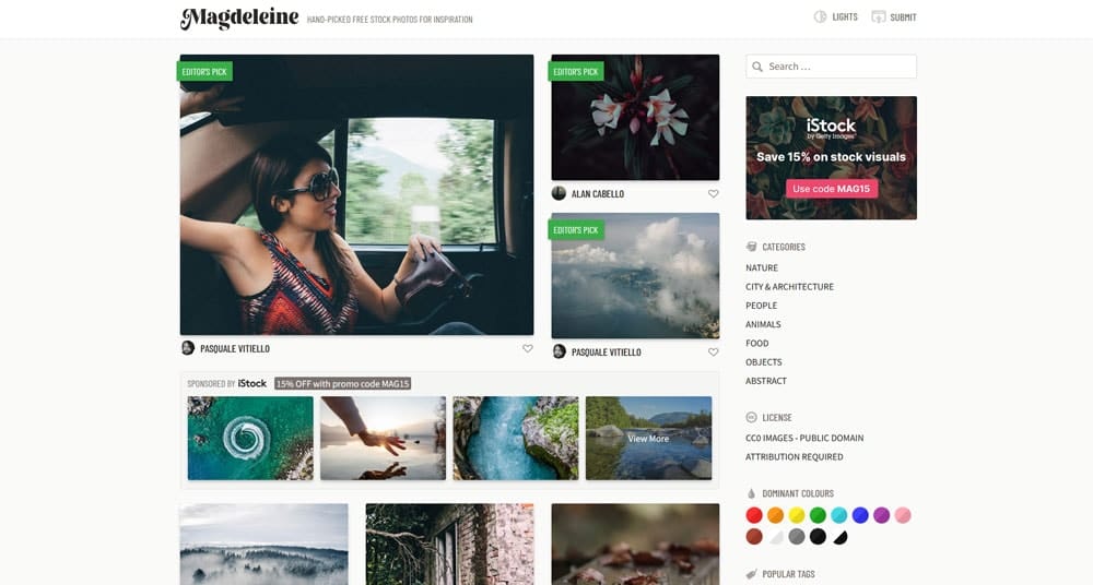 Capture d’écran de la page d’accueil de Magdeleine, mettant en avant des photos sélectionnées par des éditeurs, avec des catégories comme nature, architecture, et nourriture.