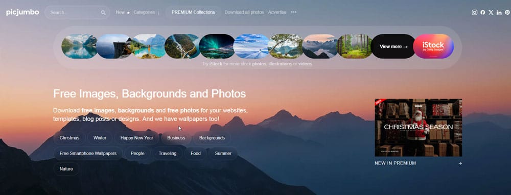 Capture d’écran de la page d’accueil de PicJumbo, une banque d’images gratuites avec des photos variées pour sites web, templates, et blogs.
