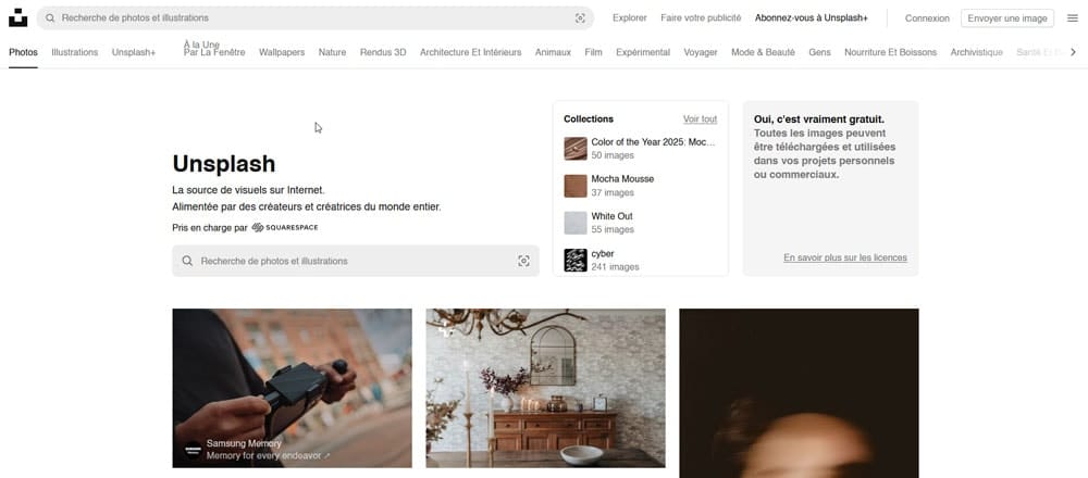Capture d’écran de l’interface d’Unsplash, une plateforme populaire pour télécharger des images gratuites et de haute qualité.