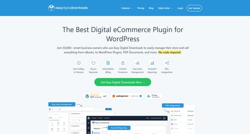 Capture d'écran de la page officielle du plugin Easy Digital Downloads, une solution e-commerce pour vendre des produits numériques avec WordPress.